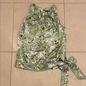 Apt. 9 Sage Floral Women's Blouse Satin Finish Tie Sash Pleated Neckline size S